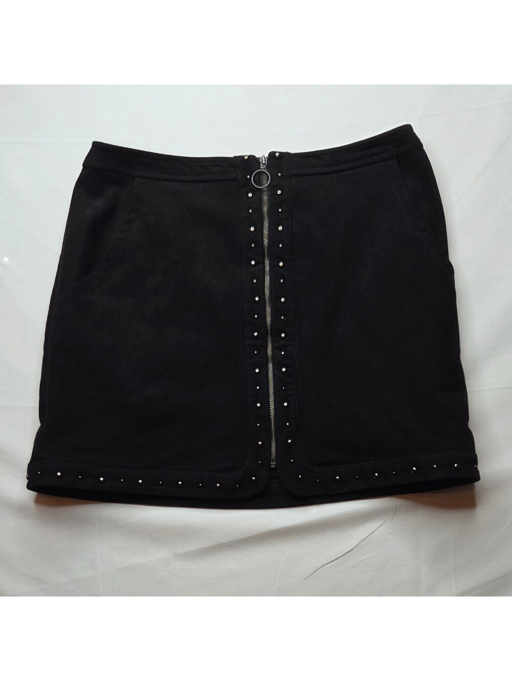 American Eagle Black Faux Suede Studded Zip Front Mini Skirt